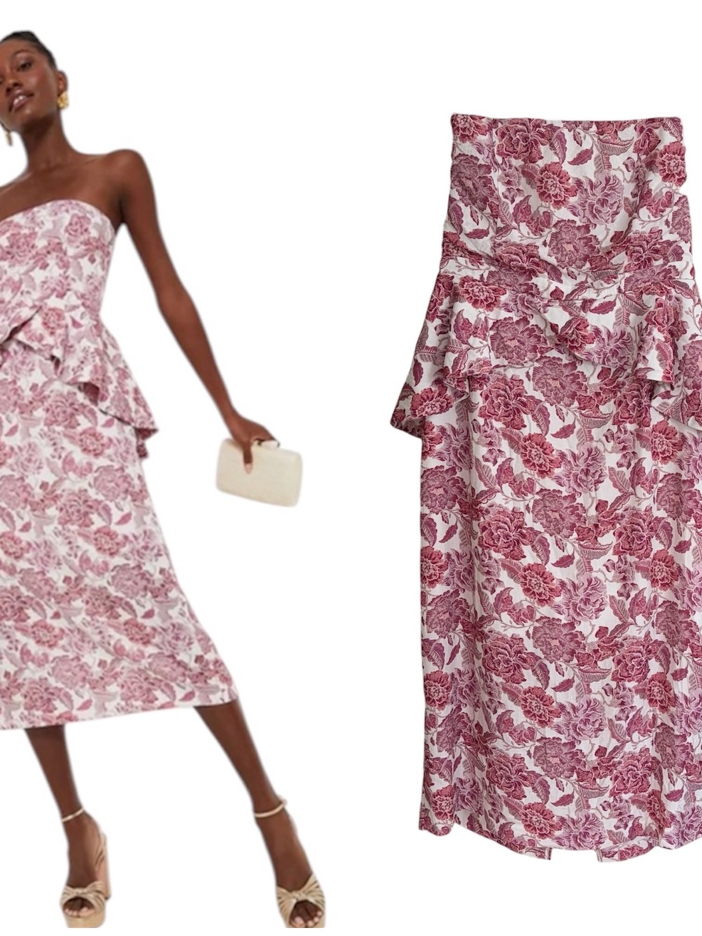 Hyacinth House Red White Floral Roxanne Midi Peplum Strapless Dress Large - Picture 1 of 5